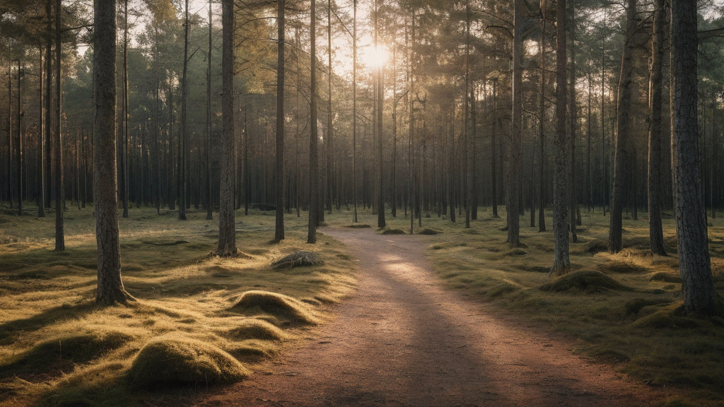 En stilla skogsstig i gryning — bilden representerar balans, eftertanke och vikten av ansvarsfullt spel.